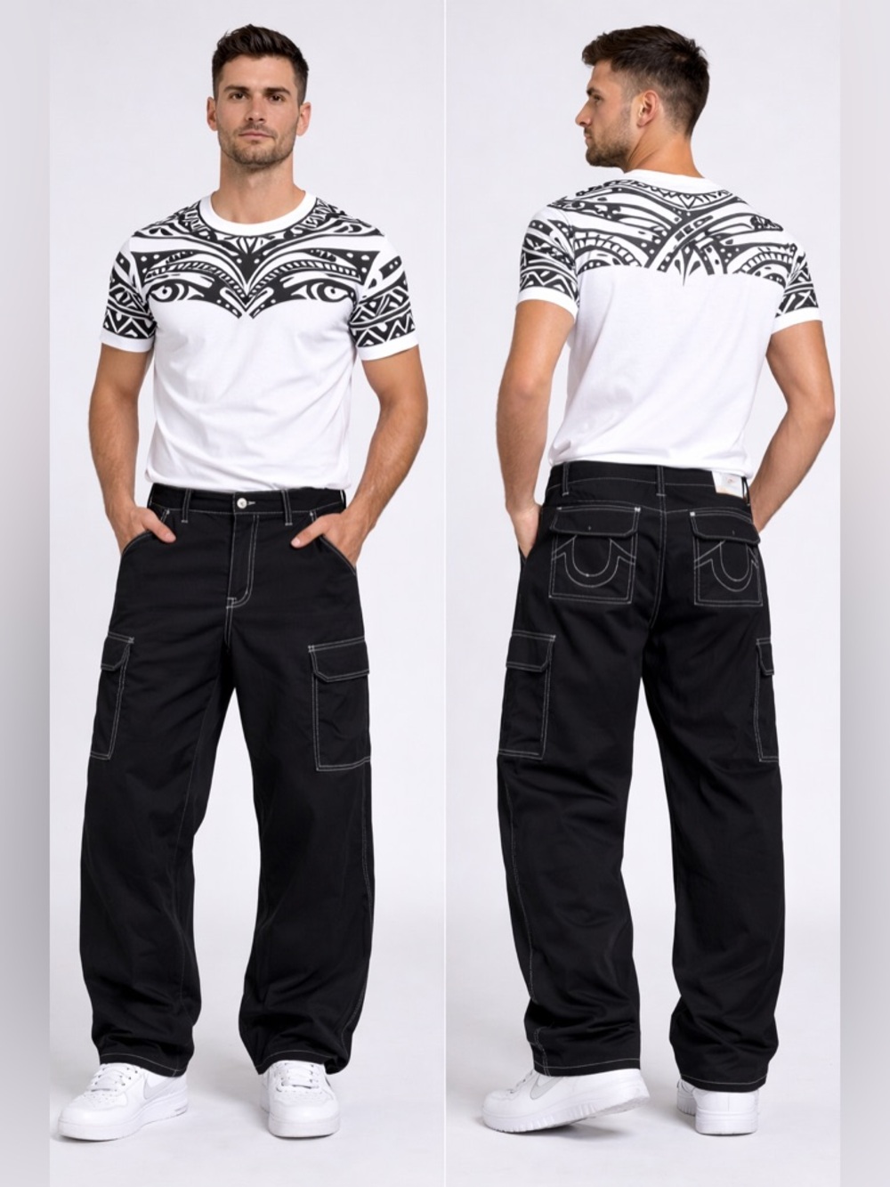 True Religion Jeans Cargo Pants Jet Black Men’s Size 34x32 White Stitch NWT